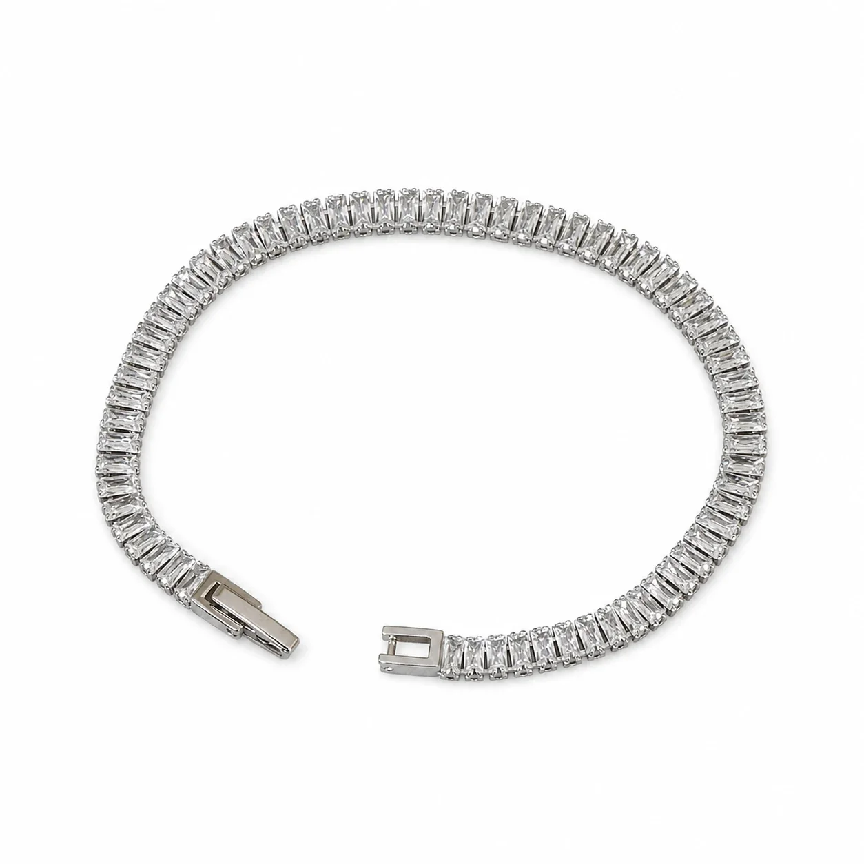 Radiant Stainless Steel Round Prong-Set CZ Tennis Bracelet - Silver Baguette 5.8 mm 17 cm