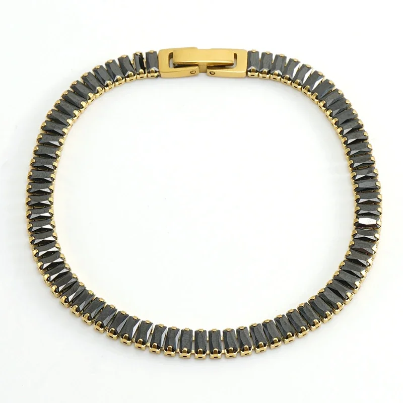 Refined 18K Gold-Plated Baguette Crystal Tennis Bracelet - Black