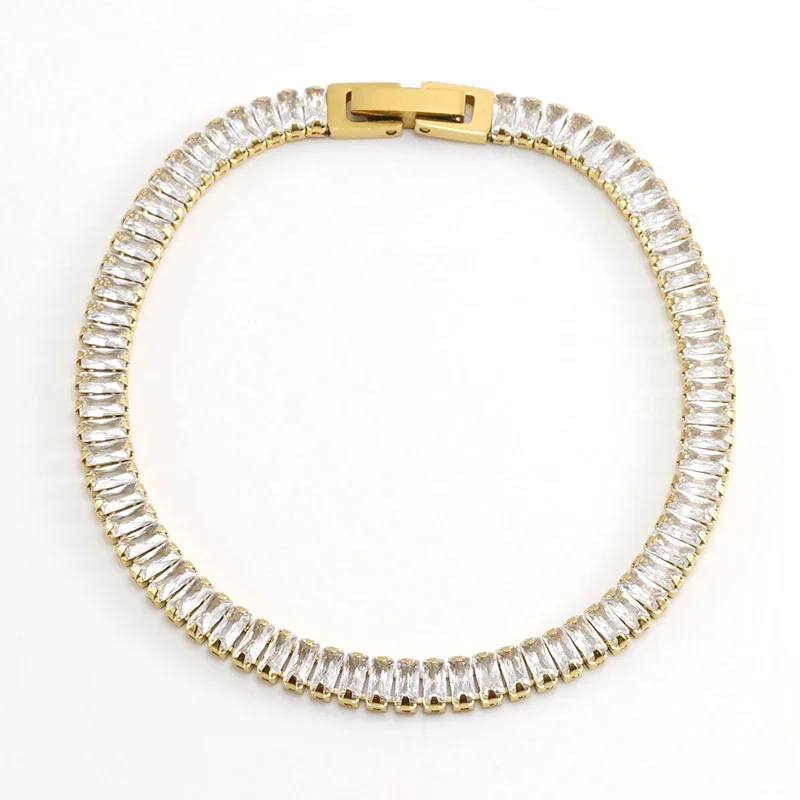 Refined 18K Gold-Plated Baguette Crystal Tennis Bracelet - White