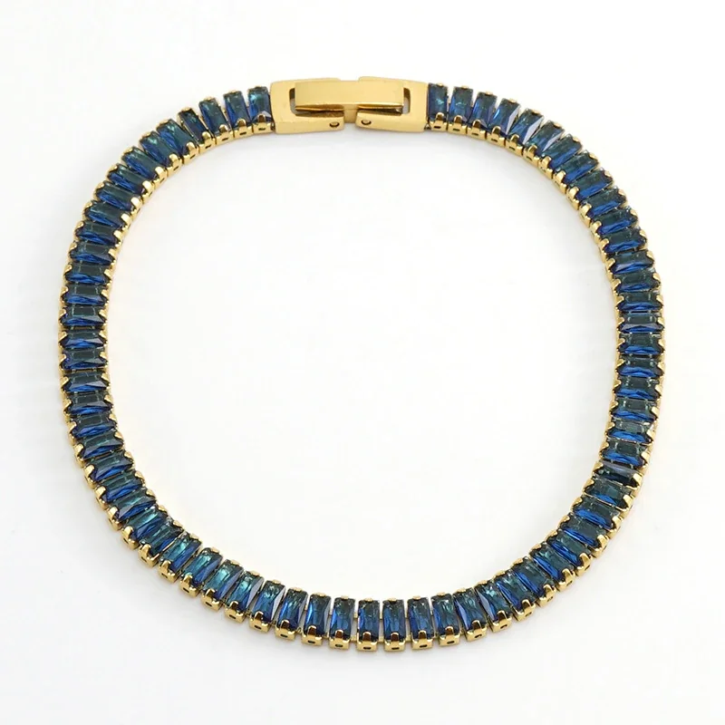 Refined 18K Gold-Plated Baguette Crystal Tennis Bracelet - Blue