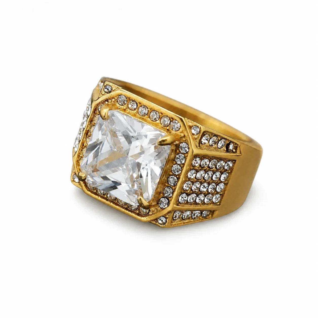 Iced Square-Cut 316 Stainless Steel Pavé Signet Ring