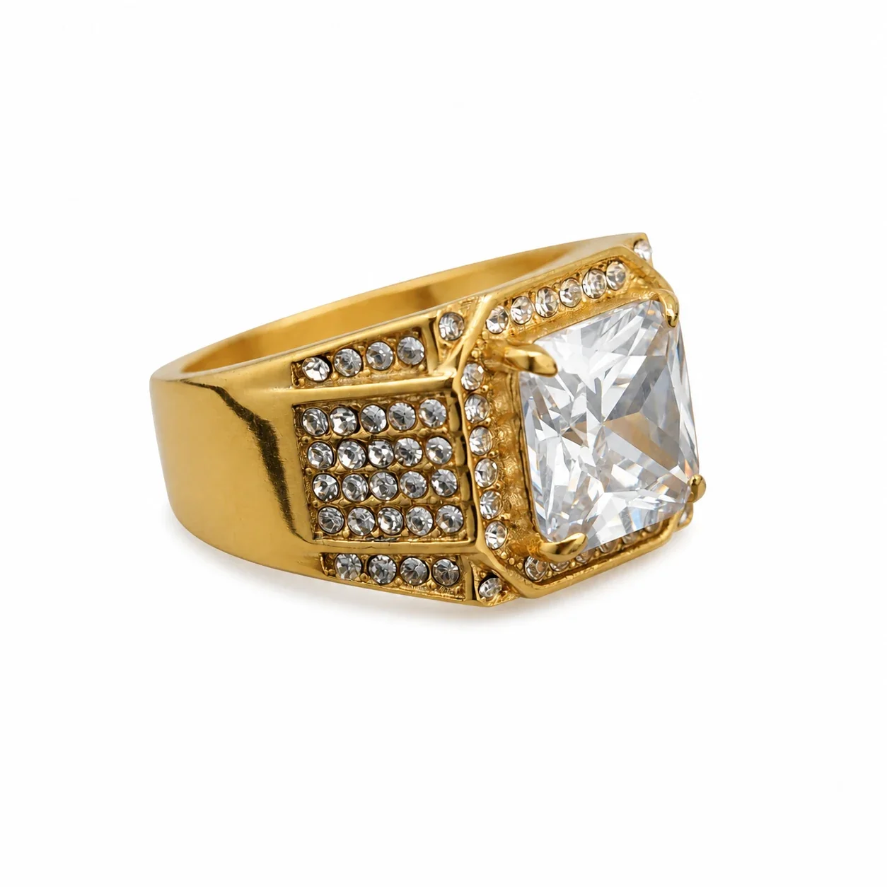 Iced Square-Cut 316 Stainless Steel Pavé Signet Ring