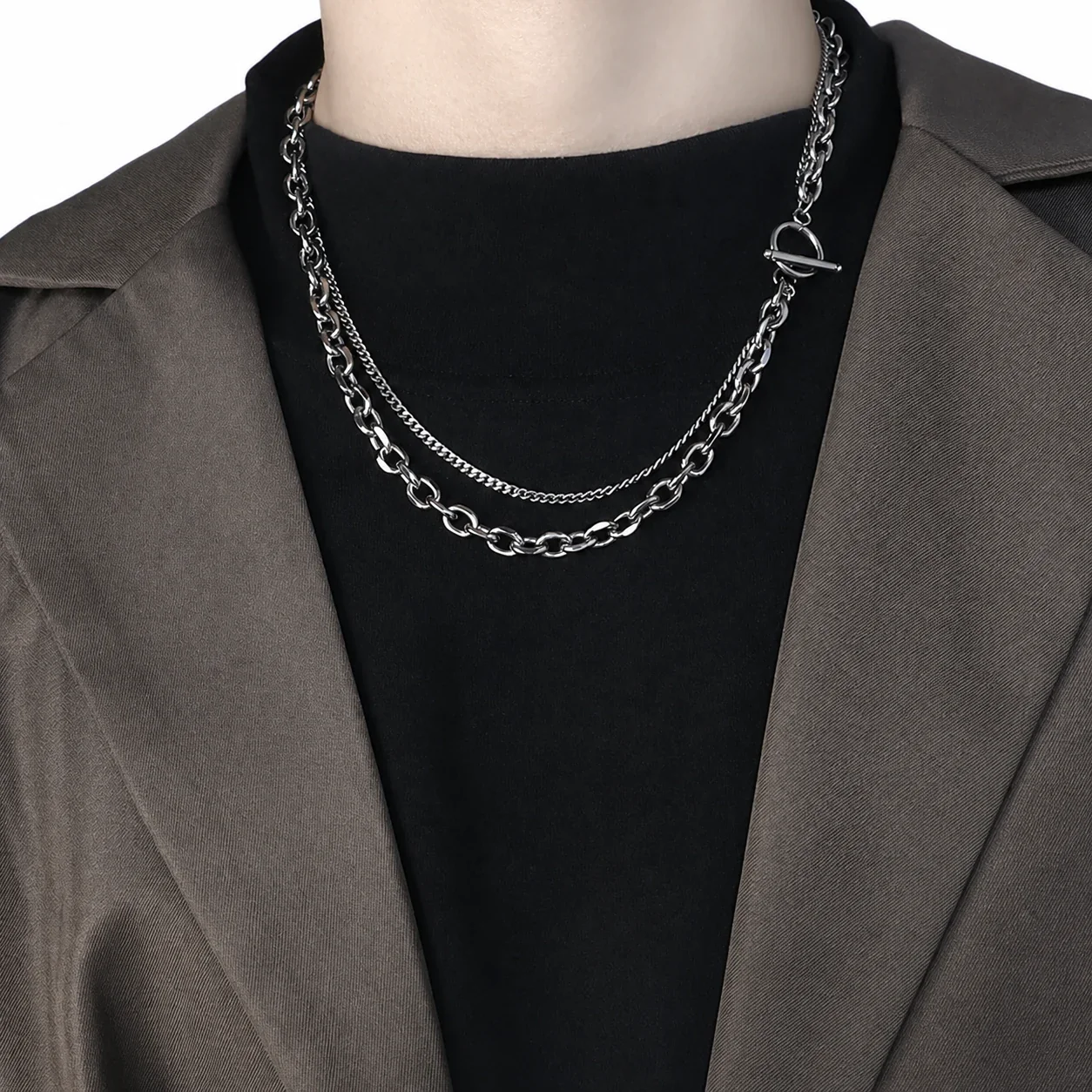 Layered Silver-Tone Stainless Steel Cable Chain Necklace
