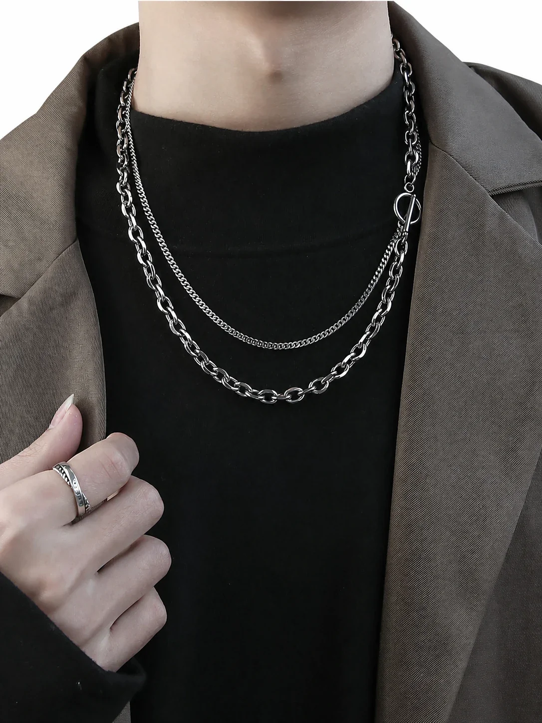 Layered Silver-Tone Stainless Steel Cable Chain Necklace - Silver