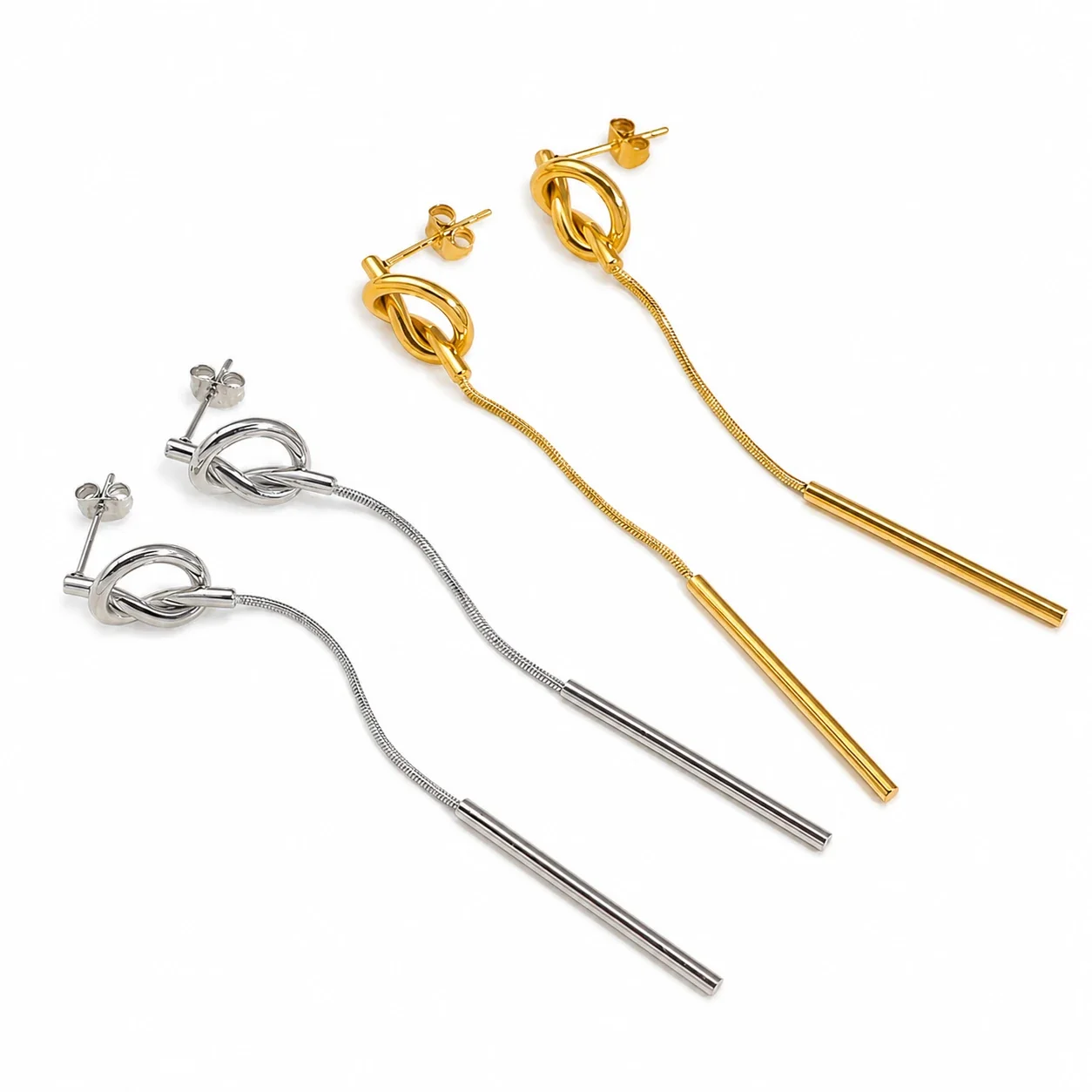 Sculptural Gold-Plated Knot Snake-Chain Drop Earrings