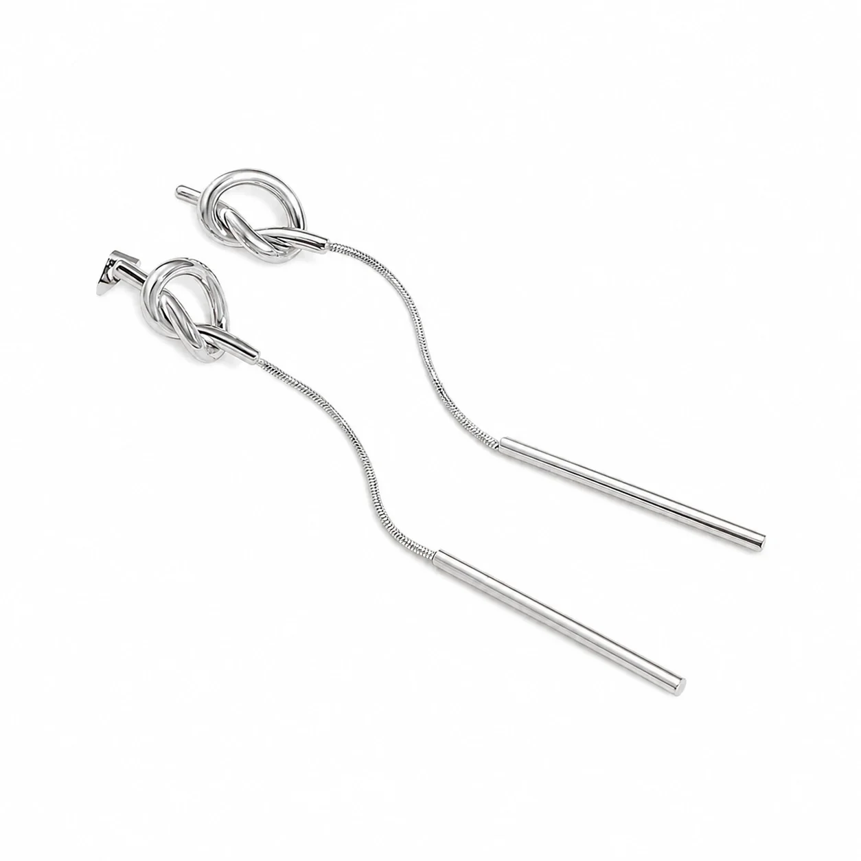 Sculptural Gold-Plated Knot Snake-Chain Drop Earrings - Silver