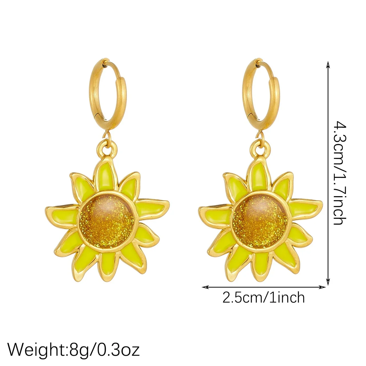 Oorbellen: zonnebloemgele emaille hangercreolen, verguld productfoto