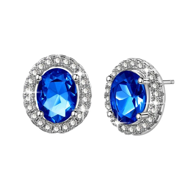 Radiant Silver-Plated Blue Oval Halo Stud Earrings