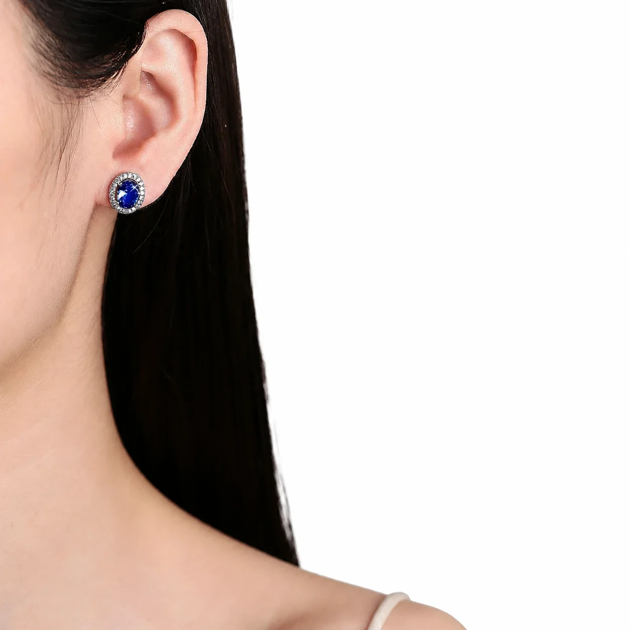 Radiant Silver-Plated Blue Oval Halo Stud Earrings