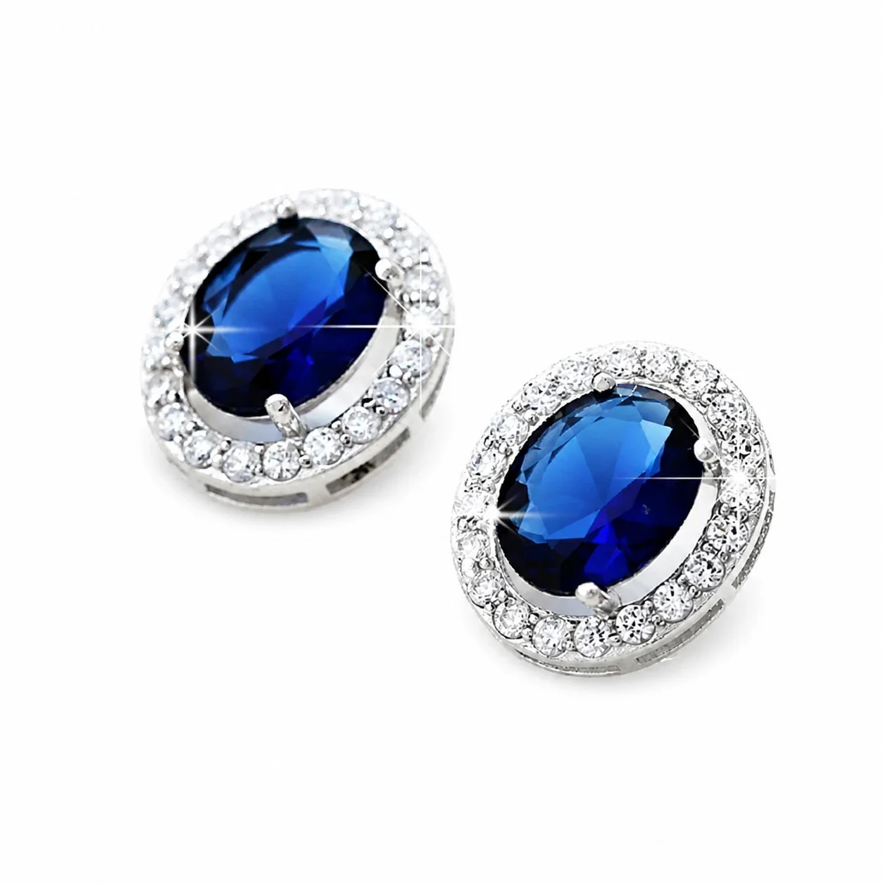 Radiant Silver-Plated Blue Oval Halo Stud Earrings
