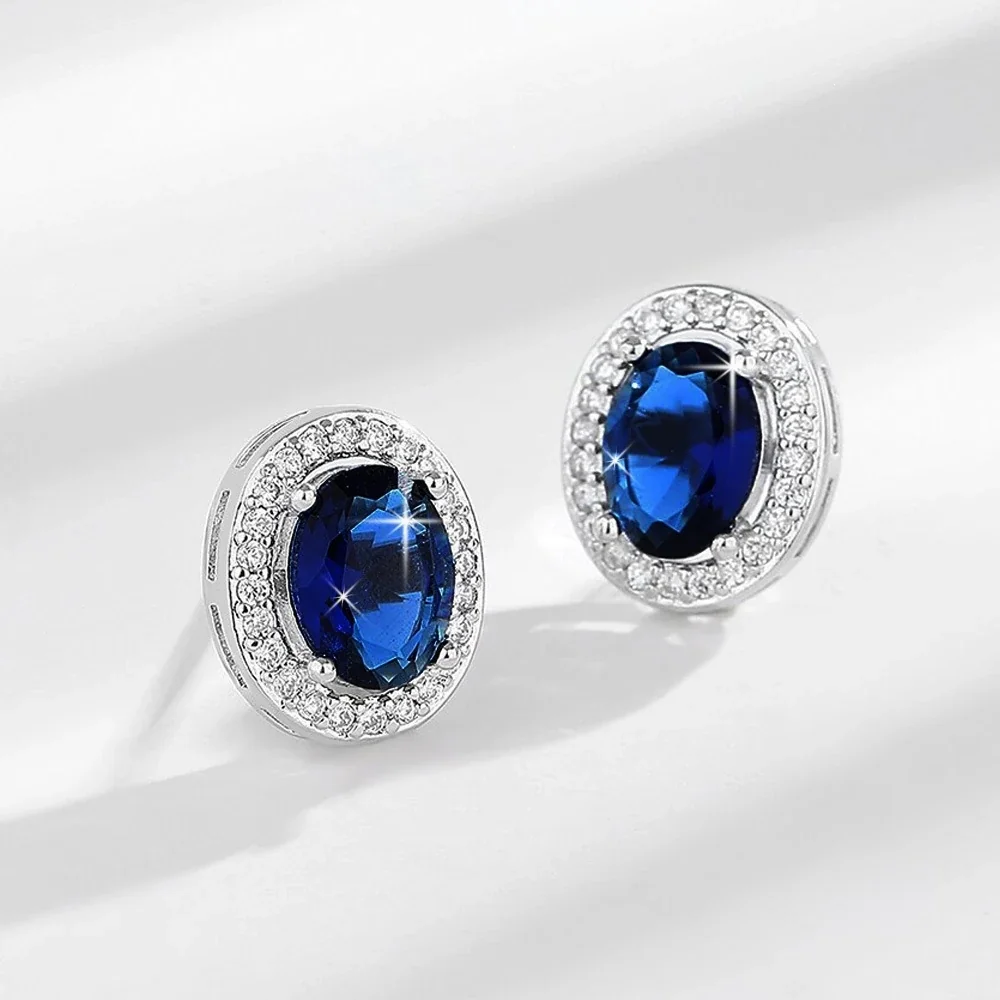 Radiant Silver-Plated Blue Oval Halo Stud Earrings