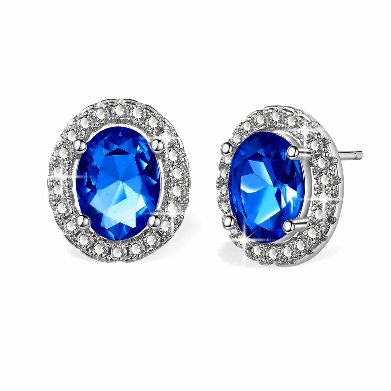 Radiant Silver-Plated Blue Oval Halo Stud Earrings - Blue