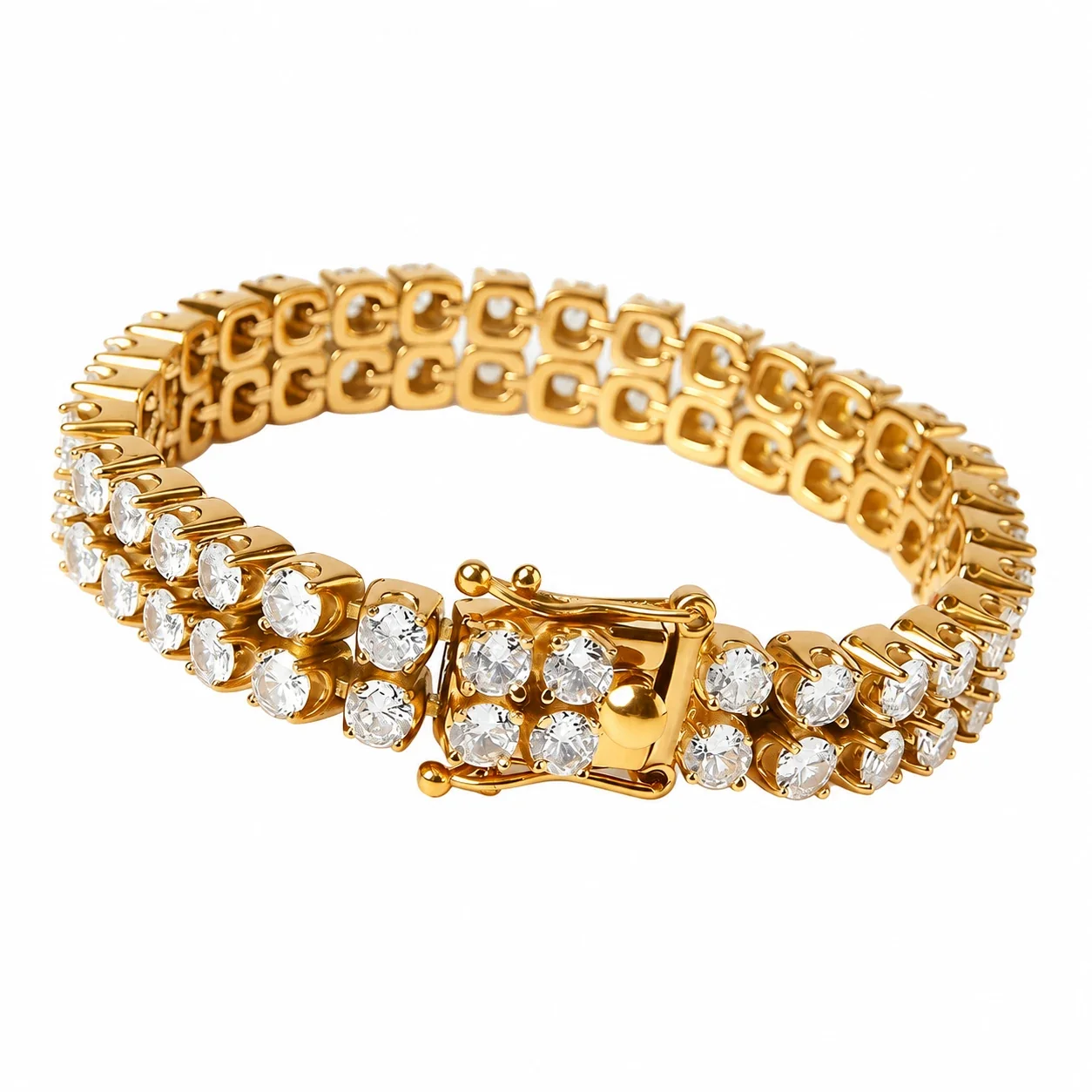 Tennis Bracelet with Double-Row Round CZ, Stainless Steel
