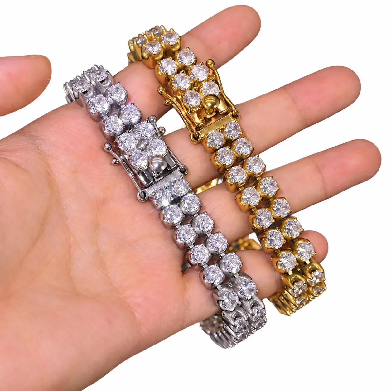 Tennis Bracelet with Double-Row Round CZ, Stainless Steel