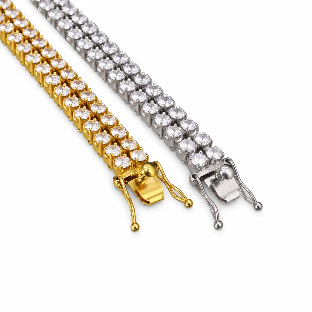 Tennis Bracelet with Double-Row Round CZ, Stainless Steel