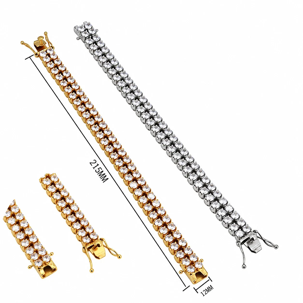 Tennis Bracelet with Double-Row Round CZ, Stainless Steel