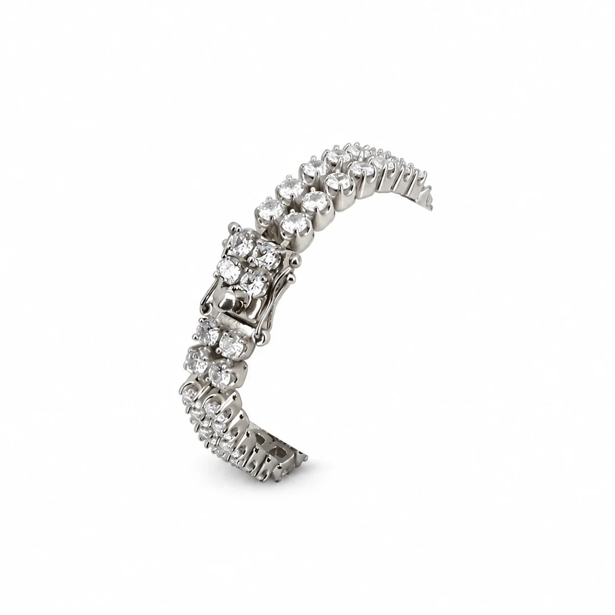 Tennis Bracelet with Double-Row Round CZ, Stainless Steel - Silver