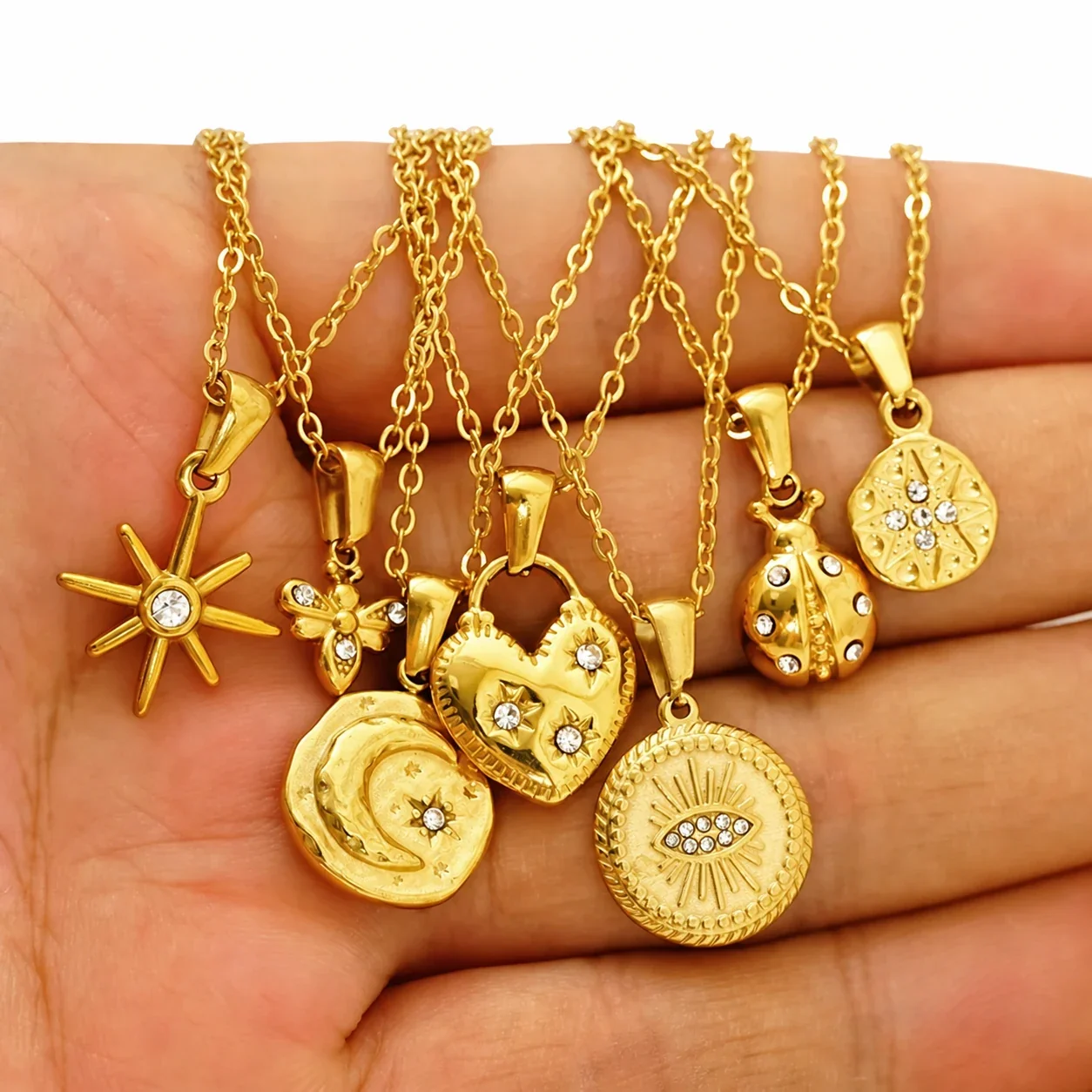 Celestial Gold-Plated Stainless Steel Starburst Crystal Necklace