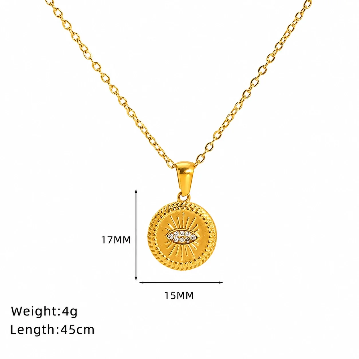 Celestial Gold-Plated Stainless Steel Starburst Crystal Necklace - Gold Evil Eye Coin