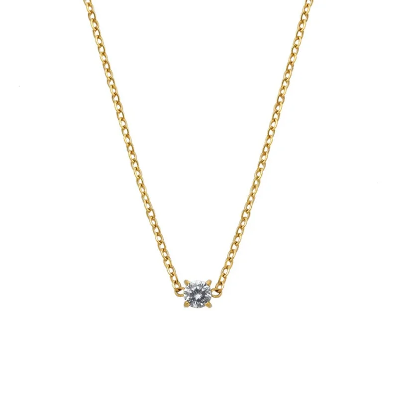Pendant Necklace Round Prong CZ Cable Chain Stainless Steel - Gold Champagne CZ