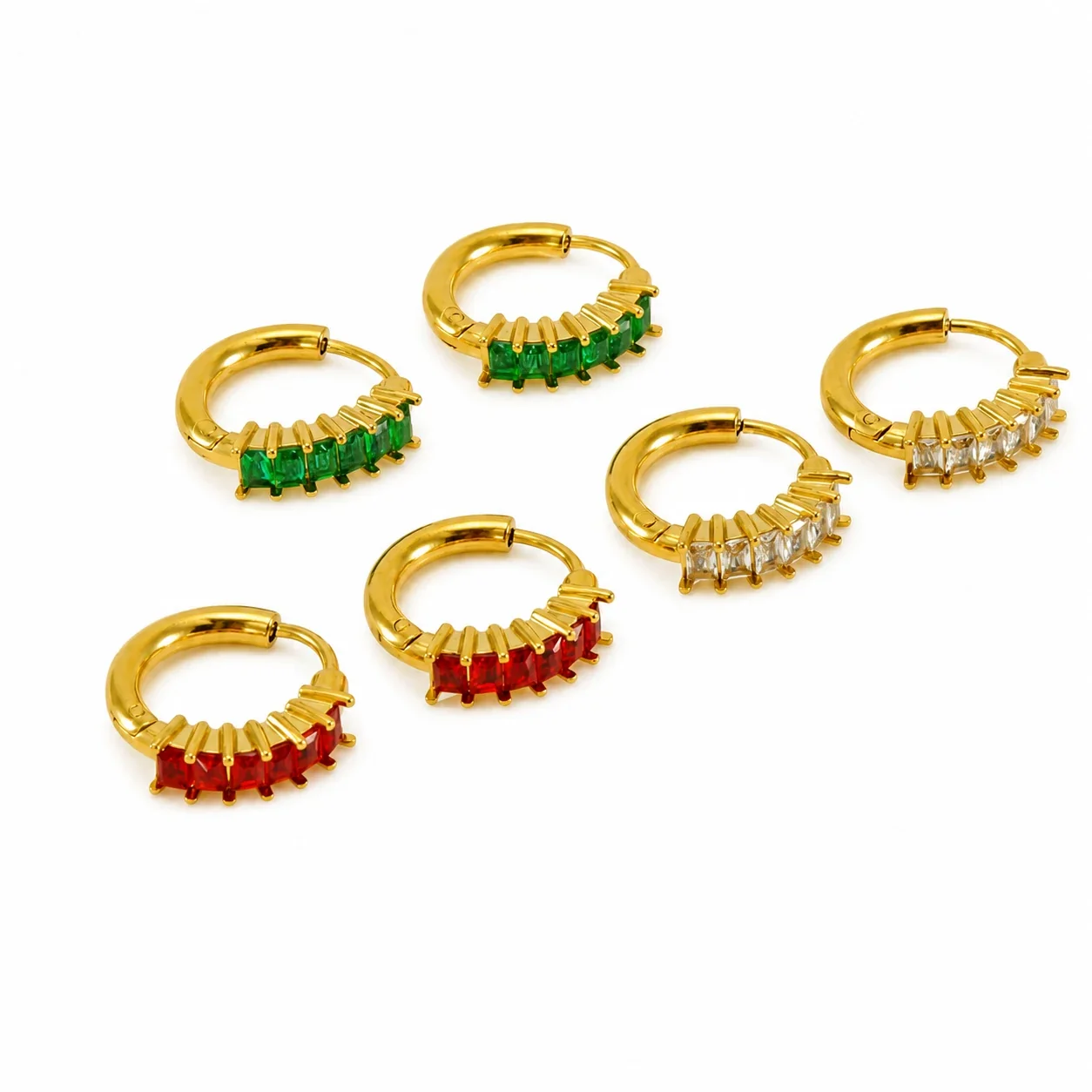 Radiant 18K Gold PVD Baguette CZ Ribbed Huggie Hoop Earrings