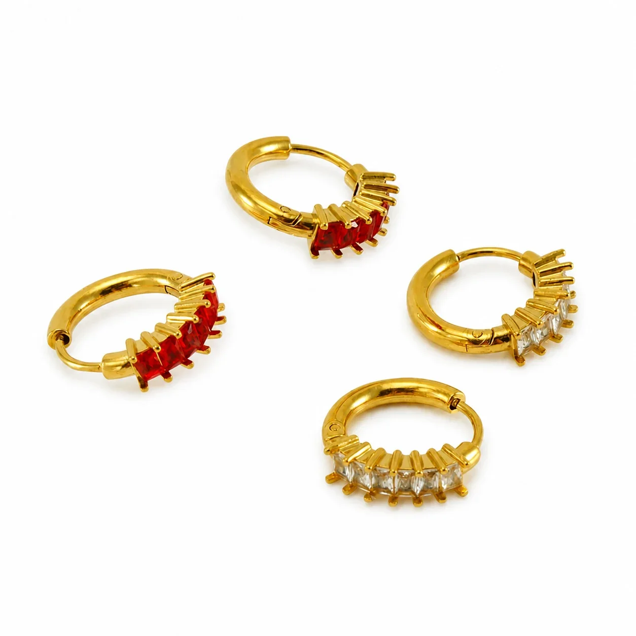 Radiant 18K Gold PVD Baguette CZ Ribbed Huggie Hoop Earrings