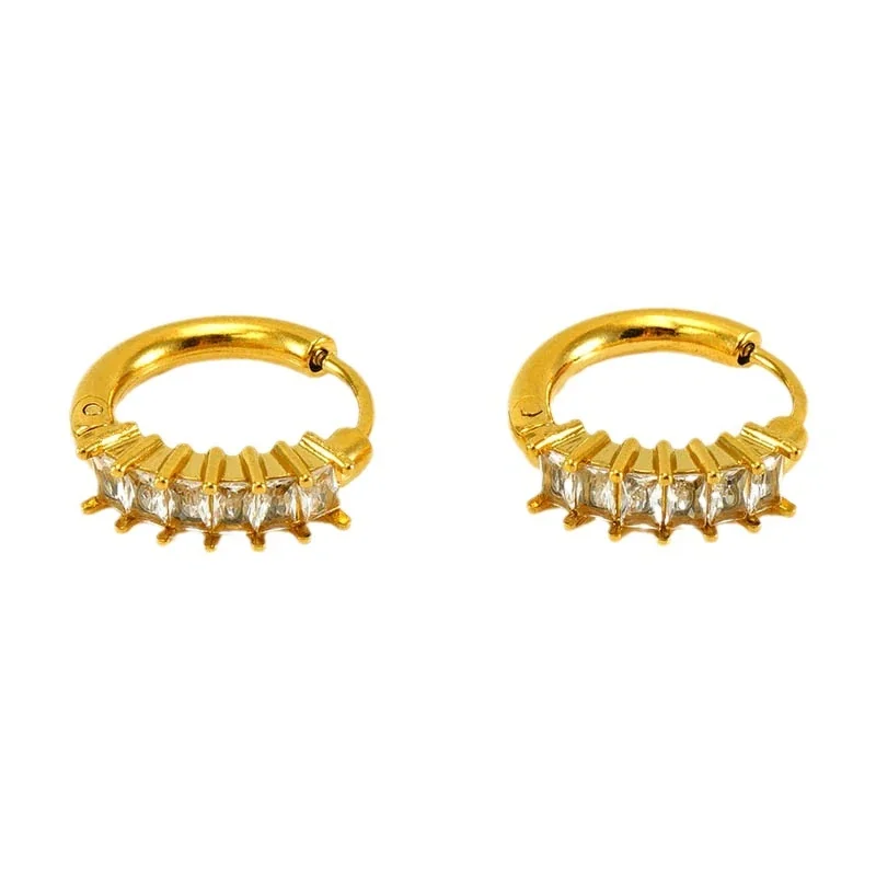 Radiant 18K Gold PVD Baguette CZ Ribbed Huggie Hoop Earrings