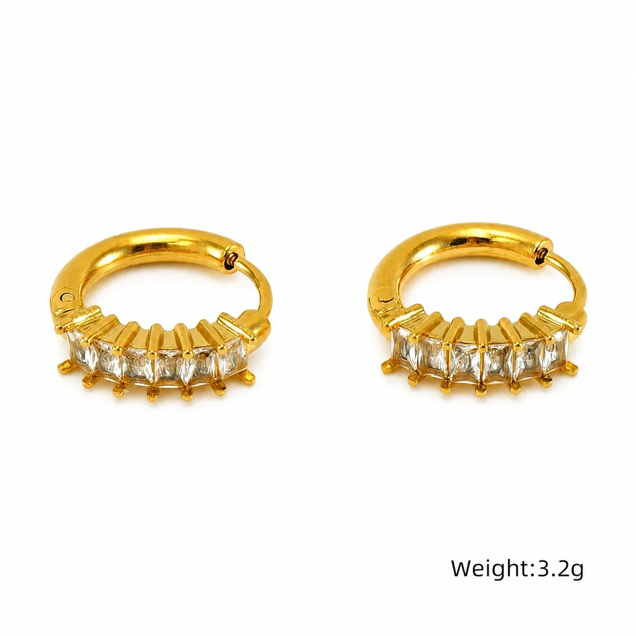 Radiant 18K Gold PVD Baguette CZ Ribbed Huggie Hoop Earrings - Gold Clear CZ