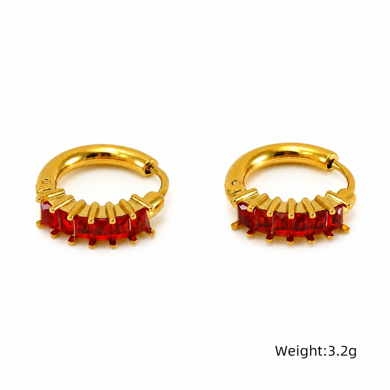 Radiant 18K Gold PVD Baguette CZ Ribbed Huggie Hoop Earrings - Gold Red CZ