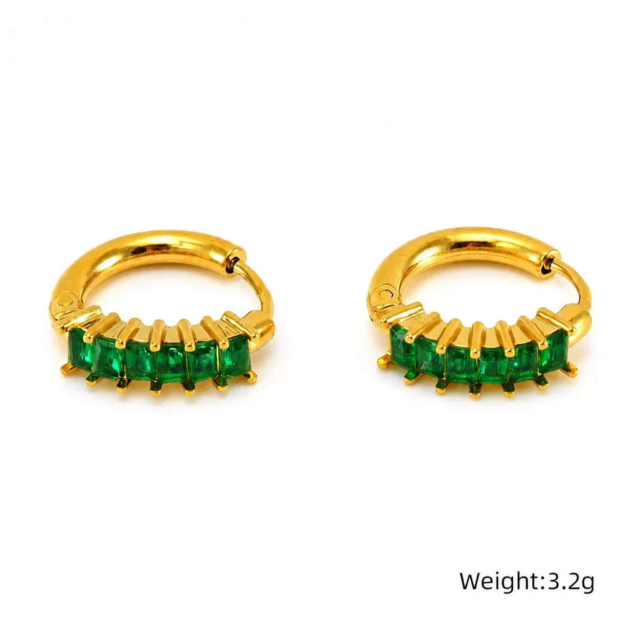 Radiant 18K Gold PVD Baguette CZ Ribbed Huggie Hoop Earrings - Gold Peacock Green CZ