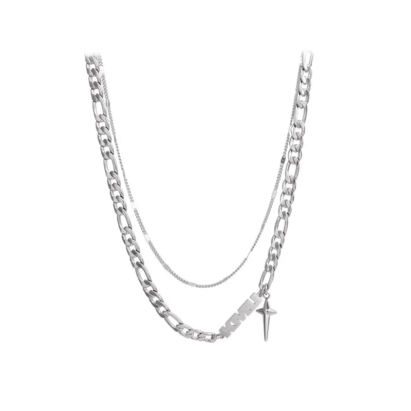 Layered Stainless Steel Cuban Chain Star Pendant Necklace