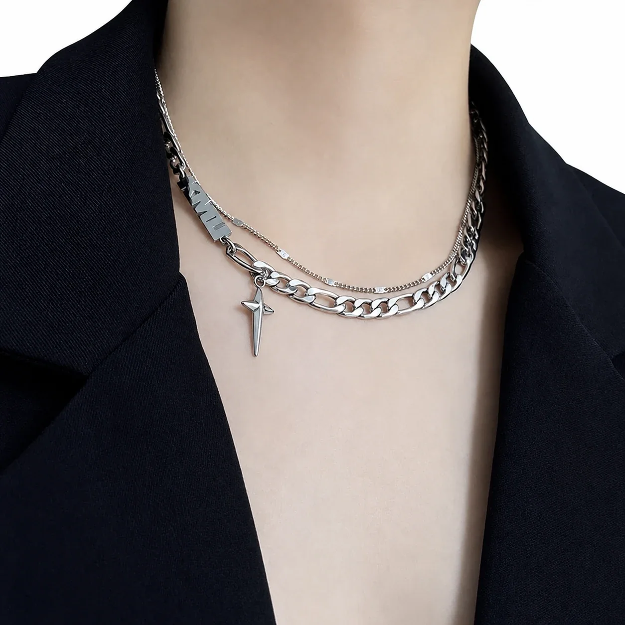 Layered Stainless Steel Cuban Chain Star Pendant Necklace