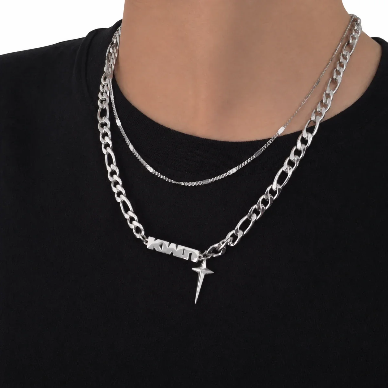 Layered Stainless Steel Cuban Chain Star Pendant Necklace