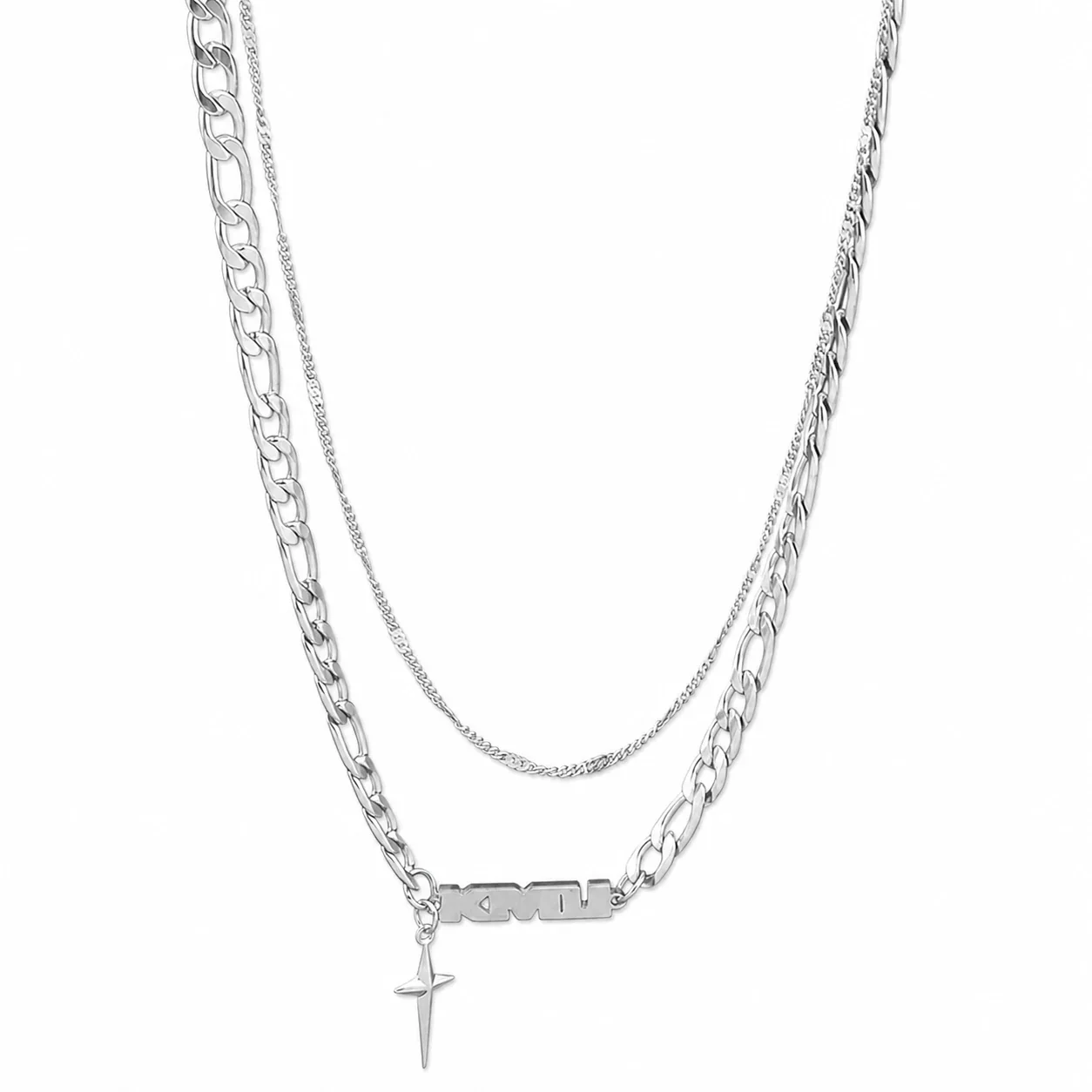 Layered Stainless Steel Cuban Chain Star Pendant Necklace - Silver