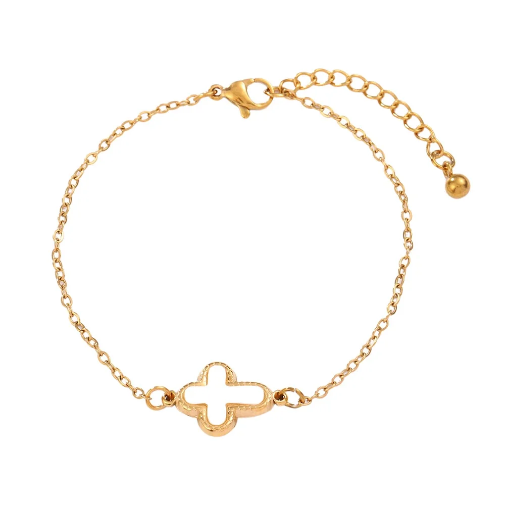 Pulseira de Cruz com Incrustação Branca, Aço Inoxidável 316 Banhado a Ouro 18K