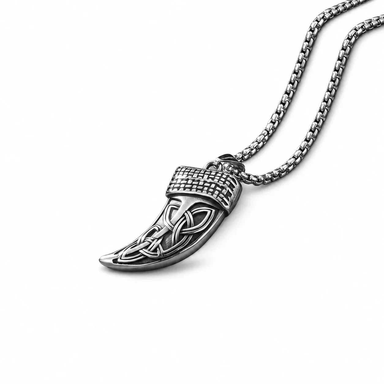 Tooth Pendant Necklace, Celtic Knot Box Chain, Stainless Steel