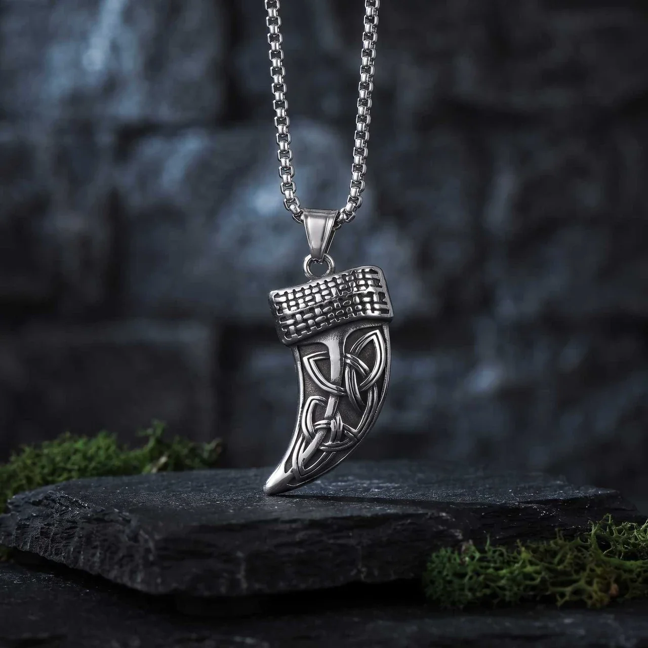 Tooth Pendant Necklace, Celtic Knot Box Chain, Stainless Steel