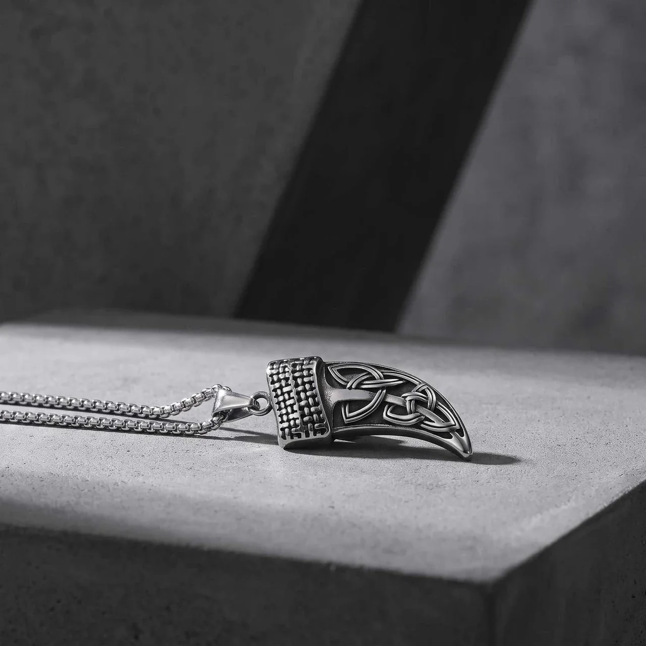 Tooth Pendant Necklace, Celtic Knot Box Chain, Stainless Steel