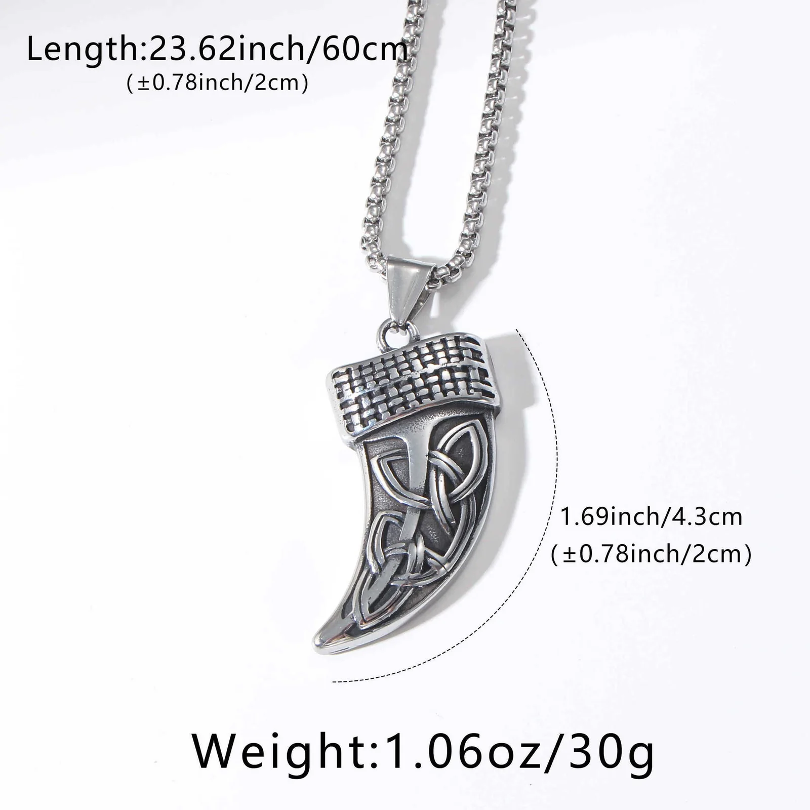 Tooth Pendant Necklace, Celtic Knot Box Chain, Stainless Steel - Dimensions