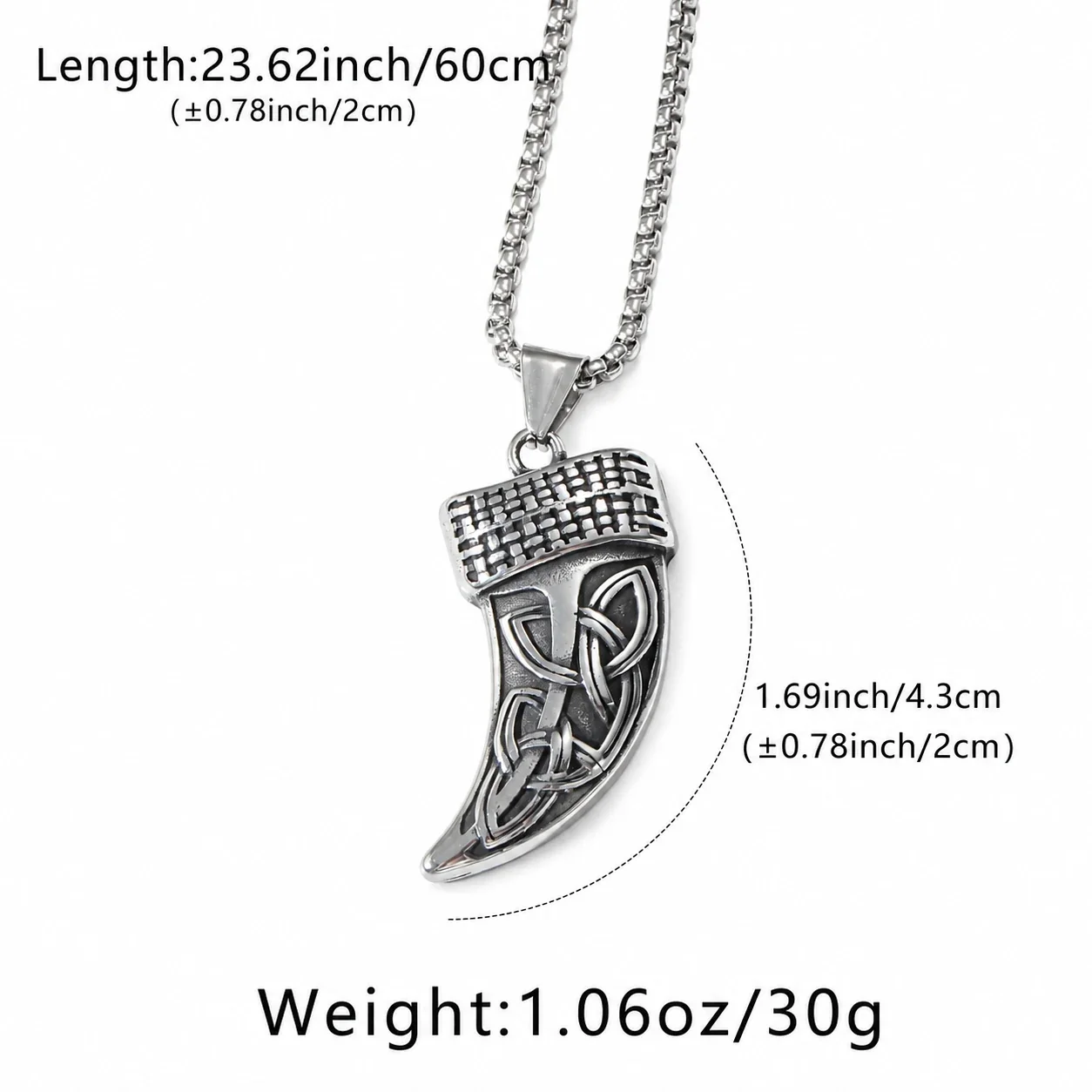 Tooth Pendant Necklace, Celtic Knot Box Chain, Stainless Steel - Silver