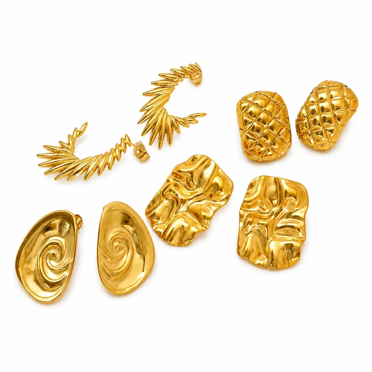 Sculptural Gold-Plated Wing Ridge Stud Earrings