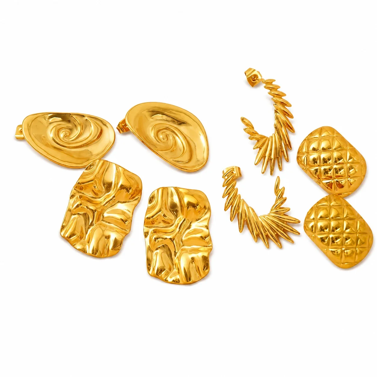 Sculptural Gold-Plated Wing Ridge Stud Earrings
