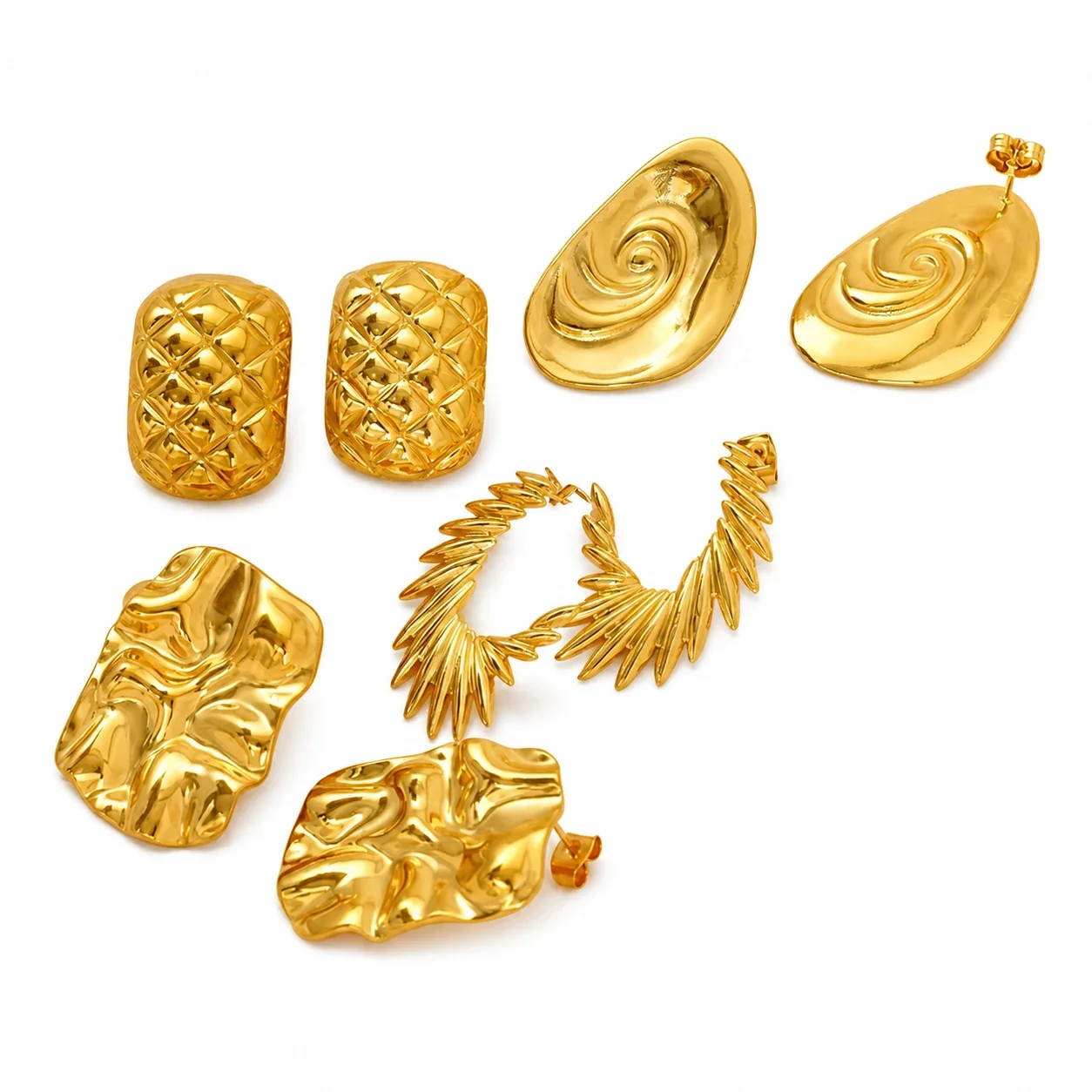 Sculptural Gold-Plated Wing Ridge Stud Earrings