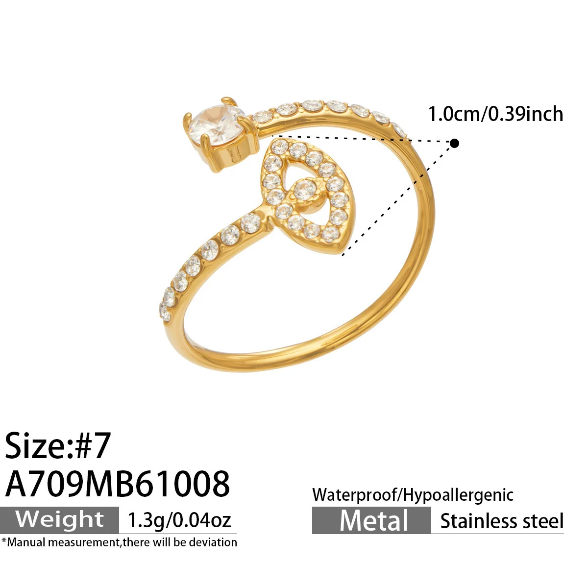 Open ringen met pavébanden en kubische zirkonia, roestvrij staal productfoto