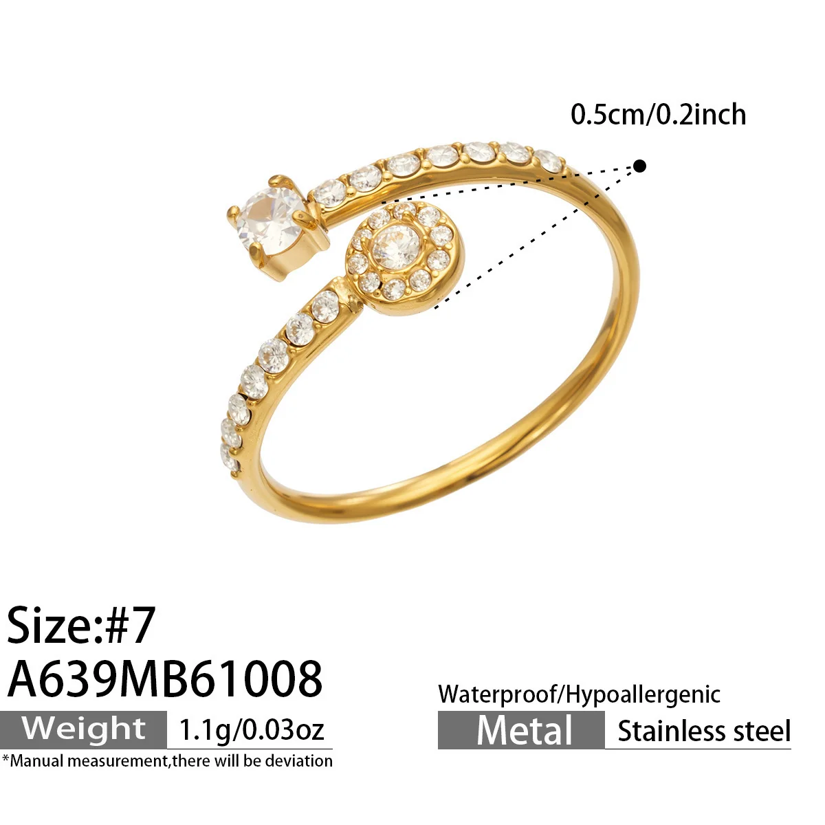 Open ringen met pavébanden en kubische zirkonia, roestvrij staal productfoto