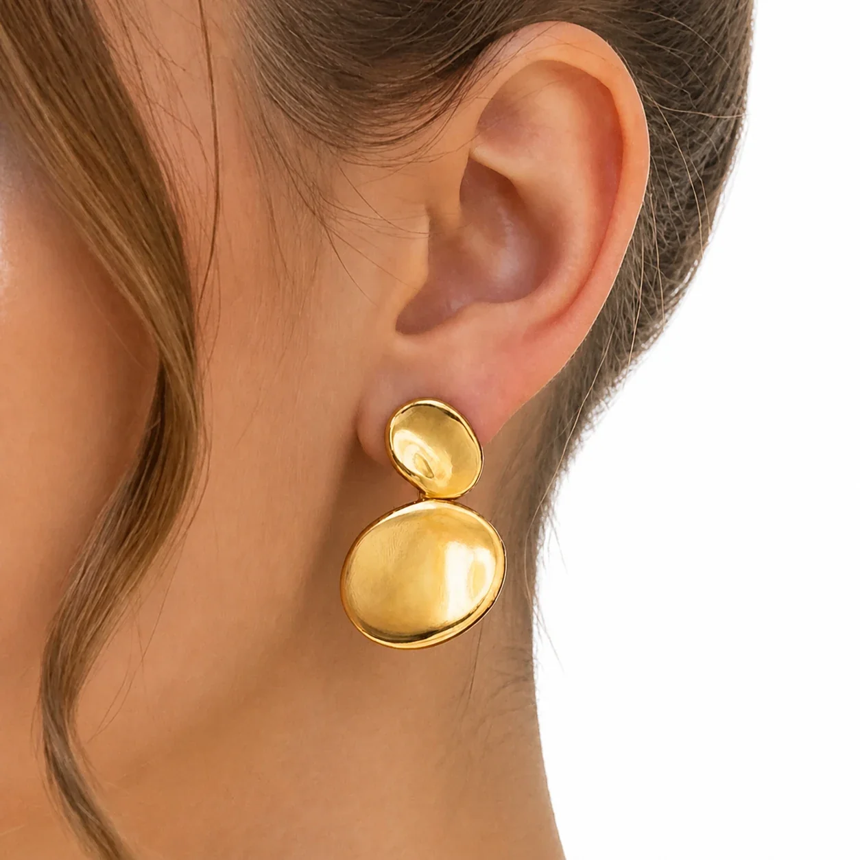 Foto do produto: Brincos Pendentes Esculpidos de Duplo Disco em Aço Inoxidável 316L Dourado 18K - PVD