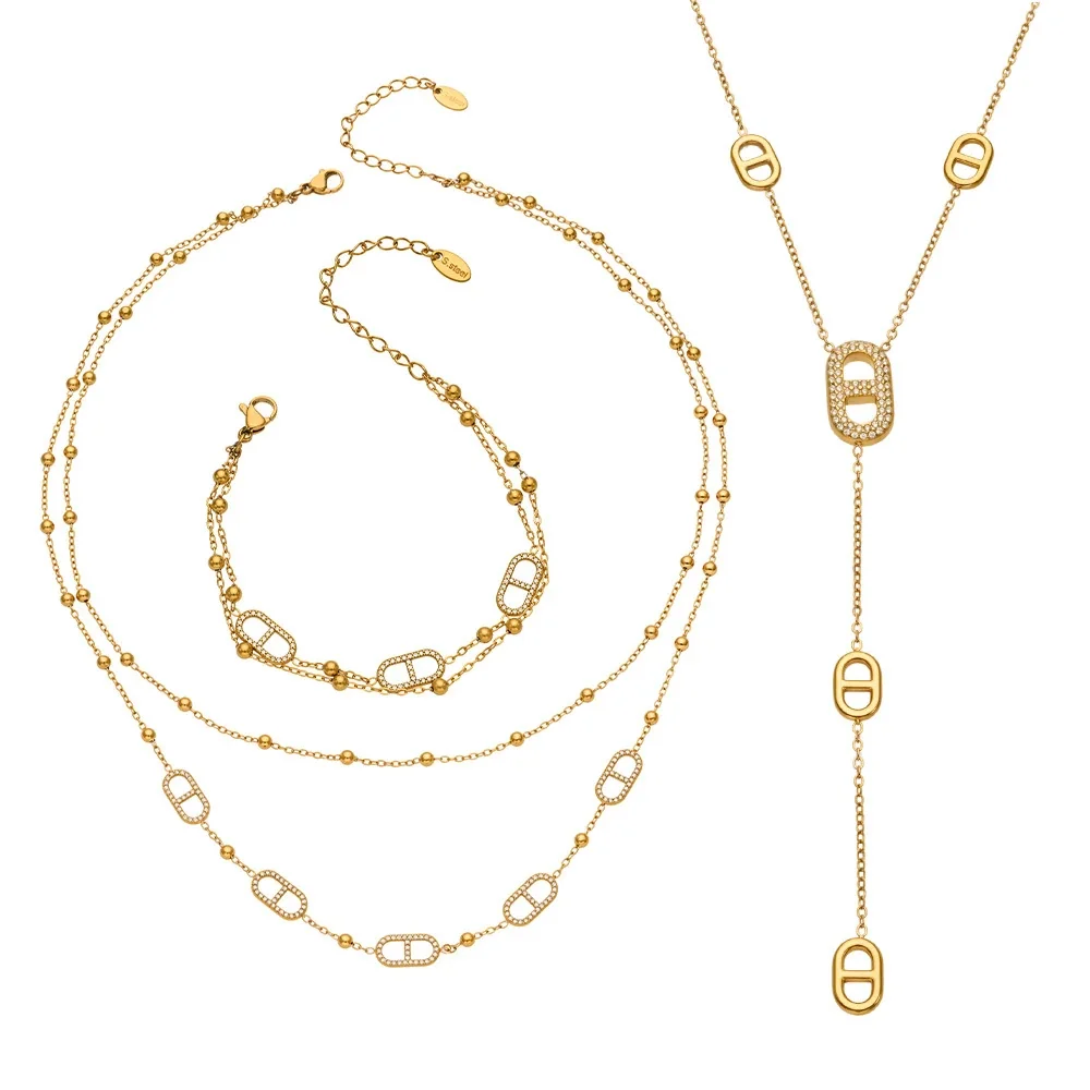 Refined Gold-Plated Bead Chain CZ Station Jewelry Set