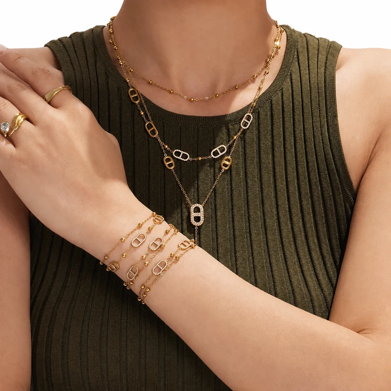 Refined Gold-Plated Bead Chain CZ Station Jewelry Set