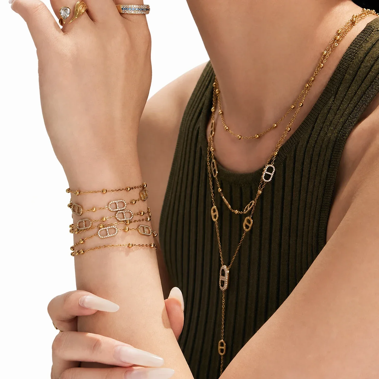 Refined Gold-Plated Bead Chain CZ Station Jewelry Set