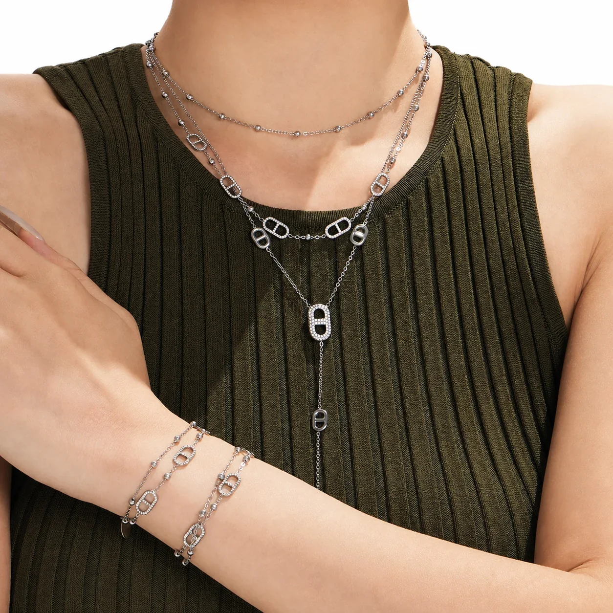 Refined Gold-Plated Bead Chain CZ Station Jewelry Set